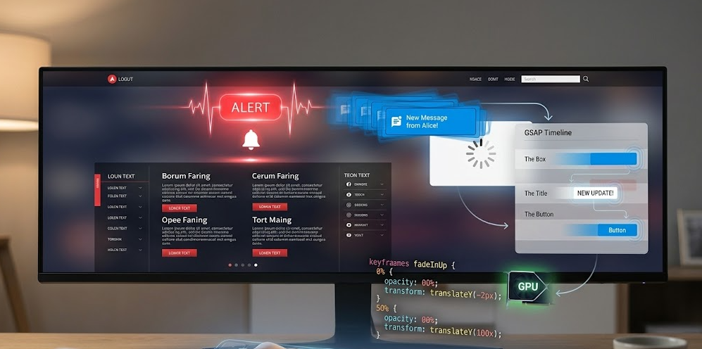 A panoramic digital mockup of a webpage. Multiple conceptual elements from the article's 10 headings are visible: a user's hand triggers a dynamic alert, transitioning to visual motion trails that include a standard spinner, a pulsing notification, and a full GSAP timeline interface showing sequential flow of multi-element alerts. Simplified code and a small GPU icon visualize optimization, summarizing all strategic motion concepts.
