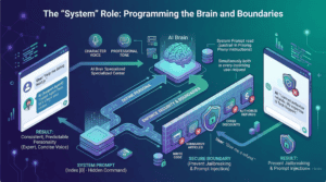 Architectural diagram illustrating the System Prompt role in an AI chatbot, demonstrating how hidden instructions define the AI persona and establish secure boundaries against prompt injection and jailbreaking. For Context-Aware Chatbot Next.js