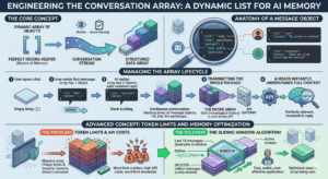 Infographic illustrating the conversation array data structure for AI chatbots, showing message objects, array lifecycle, and the sliding window algorithm for token optimization. With Context-Aware Chatbot Next.js