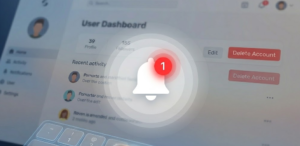 Web interface mockup showing a white bell icon with a red circular 'badge' number '1' and a gentle ripple pulse animation trail.
