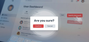 Web interface mockup showing a 'Delete Account' button click resulting in a full-screen blurred background and a scale-up animation of a central confirmation modal.