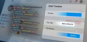 Webpage mockup with a split-screen view. Left shows a code editor displaying detailed CSS keyframes. Right shows a visualized 'GSAP Timeline' UI with multiple horizontal bars (box, title, button) sliding sequentially on different tracks, with connected flow lines and synchronized ripple pulses.