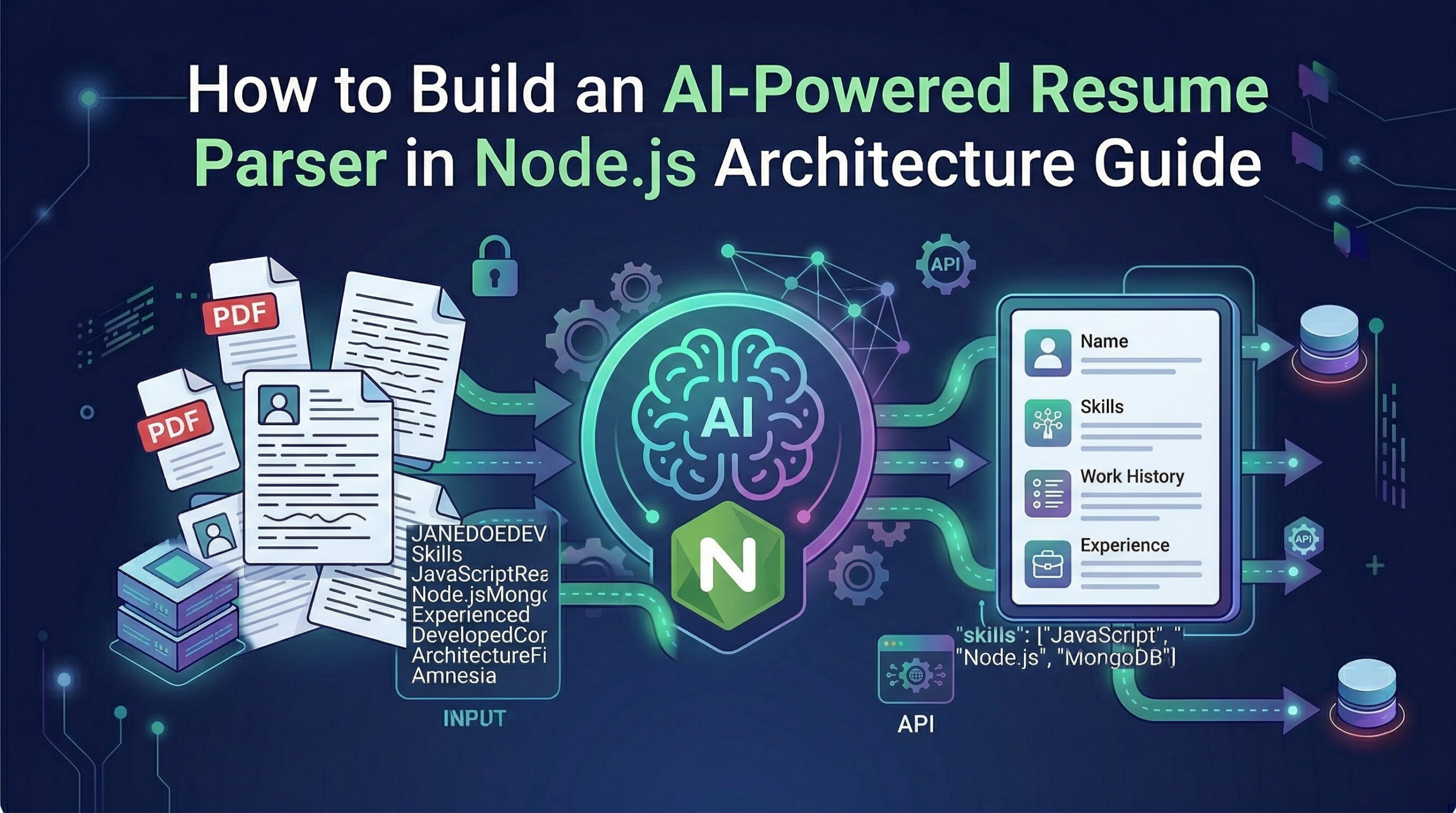 Featured image for the Node.js AI resume parser architecture guide, illustrating messy PDF documents being processed by an artificial intelligence brain to output clean, structured candidate data.