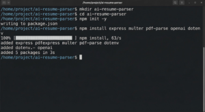 Terminal screenshot showing the initial Node.js project setup and npm installation of express, multer, pdf-parse, and openai dependencies for an AI resume parser.