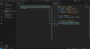 Code editor screenshot showing a secure Node.js architecture with a split view of a .env file hiding an OpenAI API key and a server.js file loading environment variables using the dotenv package.