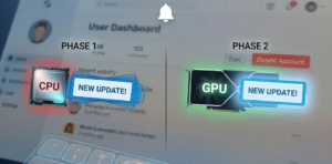 Webpage mockup with a comparison. CPU icon struggle to move a choppy box (left), followed by a shift to a GPU icon effortlessly moving the same box with fluid motion and ripple lines (right).