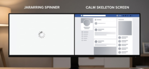 Split-screen mockup comparing a traditional loading spinner with an animated skeleton screen showing pulsing content blocks.