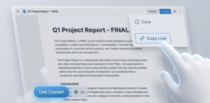Web interface mockup showing a cursor clicking 'Copy Link' and a blue 'Link Copied!' toast sliding in from the bottom-left corner.