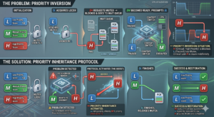 When using locks (like Mutexes or Semaphores initialized to 1), a dangerous situation called Priority Inversion can occur