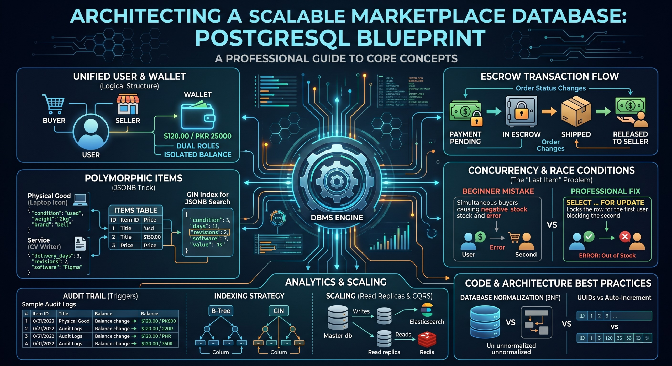 An intricate technical infographic titled "Architecting a Scalable Marketplace Database: PostgreSQL Blueprint: A Professional Guide to Core Concepts." The diagram is centered around a glowing "DBMS ENGINE" hub with circuit traces and includes six key functional panels demonstrating critical engineering pillars. The panels cover: "Unified User & Wallet" showing dual buyer and seller user roles linked to isolated wallet balances; "Polymorphic Items" demonstrating how to store varied goods and services using JSONB and GIN indexing with example JSON data for a laptop and a service; "Escrow Transaction Flow" mapping a linear timeline from payment pending to funds release with order status change icons; "Concurrency & Race Conditions" comparing a "Beginner Mistake" leading to negative stock with a "Professional Fix" using row-level locking with SELECT ... FOR UPDATE; "Analytics & Scaling" with diagrams for audit trails via triggers with example log entries, indexing strategies like B-Tree and GIN, and a system for scaling using read replicas and CQRS; and "Code & Architecture Best Practices" comparing normalized vs non-normalized structures and auto-increment vs UUIDs concept with an example structure. The entire composition uses a clean digital style with glowing data pathways on a dark background.