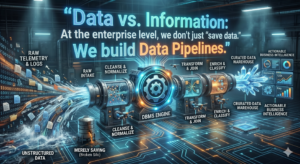 A high-tech illustration of an enterprise data pipeline. Chaotic raw data enters a mechanical processing engine on the left and emerges as structured business intelligence dashboards on the right.