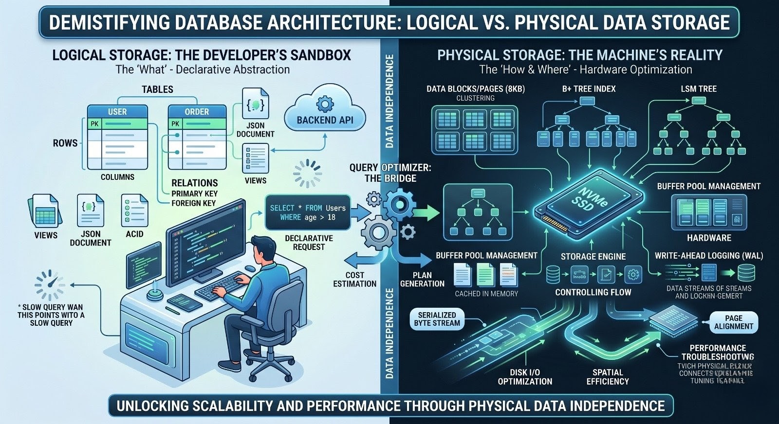 "An architectural diagram illustrating the separation of logical data storage, showing developer tables and queries, from physical data storage, showing disk blocks and B+ Trees, connected by a query optimizer with the help of Database-Architecture."