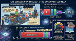 A technical infographic titled "FCFS SCHEDULING VISUALIZER & THE 'CONVOY EFFECT' FLAW." The image is divided into four panels: 1. A "Grocery Store Checkout" analogy showing a large process (P1) with a full cart blocking tiny processes (P2, P3) at a single CPU core. 2. A "Ready Queue Arrival" diagram showing chronological process entry into a CPU chip. 3. A "Gantt Chart" visualizing a "Simple Train" of blocks where a massive 100ms red block (P1) causes a "Convoy Effect," forcing P2 and P3 to wait over 100ms. 4. A "Metrics" panel showing a speedometer for "Skyrocketing AWT" at 102.5ms and a monitor displaying "UI Freezes!" The design features authoritative traffic cop icons and abstract circuitry on a faint chalkboard background.