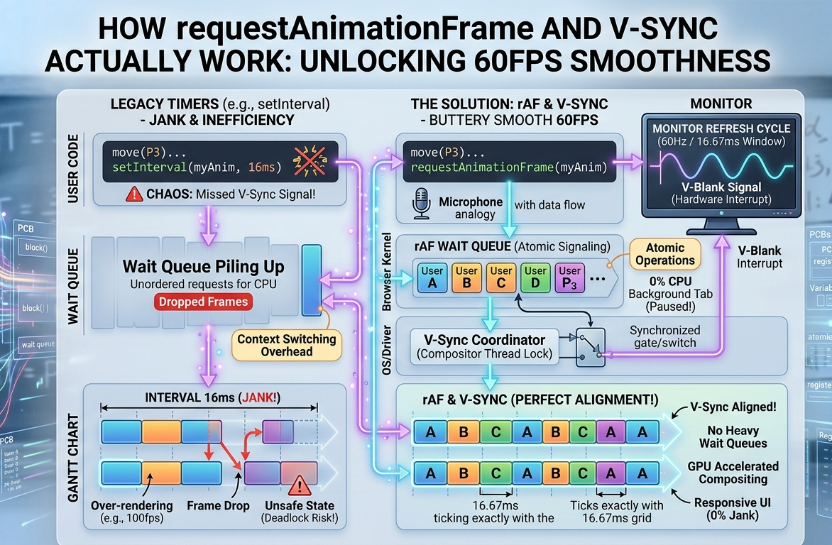 A detailed technical infographic titled "How requestAnimationFrame AND V-Sync ACTUALLY WORK." The image compares legacy timers (setInterval) on the left against the rAF and V-Sync solution on the right. It features a "Wait Queue" visualization where legacy timers cause "Dropped Frames" and "Context Switching Overhead," while the rAF queue shows "Atomic Signaling" and "Synchronized switching." A central Gantt chart compares jagged 16ms intervals (Jank) with perfect V-Sync alignment (Buttery Smooth). The background includes a classroom chalkboard with OS formulas for Turnaround Time (TAT) and Waiting Time (WT), bridging web development with OS kernel concepts.