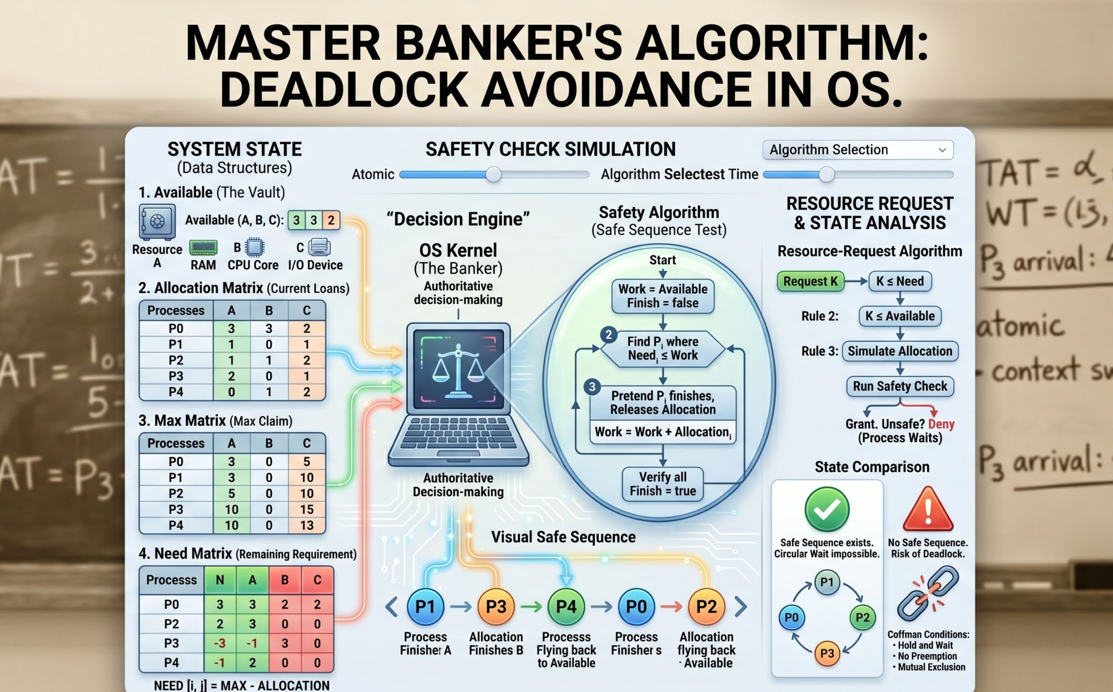 A comprehensive technical infographic for the Banker's Algorithm in Operating Systems. The image features a classroom chalkboard background with handwritten formulas for Turnaround Time and Waiting Time. The main dashboard displays four critical data structures: Available (The Vault), Allocation Matrix (Current Loans), Max Matrix (Max Claim), and Need Matrix (Remaining Requirement). It includes a flowchart for the Safety Algorithm and Resource-Request logic, alongside a "Visual Safe Sequence" showing a step-by-step path from P1 to P2. High-contrast icons distinguish between a "Safe State" (circular wait impossible) and an "Unsafe State" (risk of deadlock).