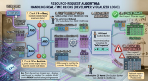 An authoritative and complex infographic flow-chart titled "RESOURCE-REQUEST ALGORITHM: HANDLING REAL-TIME CLICKS (DEVELOPER VISUALIZER LOGIC)" which details the five-step process taken when a user clicks 'REQUEST' for a resource in a system visualizer. The diagram visualizes: the initial input of Process Pi requesting K resources; Step 1 and 2 constraints checks using AND logic gates to verify that request K is within original claims and available stock; a central section illustrating 'Context Switching' notes including wait queues and context switching overhead; Step 3, the simulated 'Pretend' Step, where an "OS Kernel (Caution Banker) traffic cop" modifies temporary state matrices (Available, Allocation, Need) while preserving the original state; Step 4, where the simulated state is checked against the Safety Algorithm to perform a lookup for a 'Safe Sequence' (e.g., < P1, P3, P4, P0, P2 >); and a final decision branch in Step 5 where the algorithm splits into either Path 5A (Grant request, final update, chips are moved!) or Path 5B (Deny request, rollback to original matrices, process waits) based on safety. The entire technical visual style utilizes glowing data trails, schematics, transparent data blocks, flowing particles, and authoritative traffic cop icons against a subtly sepia-toned blurred old classroom chalkboard background containing indistinct formulas in the far distance. Specific technical steps and benefits of Deadlock Avoidance are visualized.