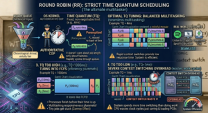 An educational infographic detailing the Round Robin (RR) CPU scheduling algorithm, titled "Strict Time Quantum Scheduling." It uses a comparative layout, diagrams, Gantt charts, and stylized computer components to explain how the algorithm manages multiple tasks based on a fixed "Time Quantum." The image illustrates the effects of optimal, excessively high, and excessively low time quantum settings on multitasking efficiency and context switching overhead.
