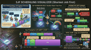 A technical infographic titled "SJF SCHEDULING VISUALIZER (Shortest Job First)." The image is divided into five panels: 1. A grocery store analogy showing an "Express Checkout" where the OS reorders a queue based on cart size (burst time). 2. A "Ready Queue" funnel leading to a high-scoring AWT (Average Waiting Time) speedometer. 3. A "Non-Preemptive SJF Gantt Chart" showing a sequence of tiny blocks (P1, P2, P3) clearing before a massive block (P4). 4. A "Preemptive SRTF Variant" timeline showing a process being interrupted and kicked back to the queue. 5. A "Fatal Flaw" panel illustrating "Large Job STARVATION," where a 1000ms process waits indefinitely behind a stream of tiny tasks. The design features glowing data trails and traffic cop icons on a circuitry background.