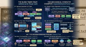 A high-fidelity technical infographic titled "The Architecture of Smoothness." The image compares "The Blind Timer Trap" (setInterval) against "The Mechanical Sympathy Champion" (requestAnimationFrame). It visualizes how legacy timers ignore V-Sync timing, leading to screen tearing and dropped frames, while rAF aligns perfectly with the V-Blank hardware interrupt. The bottom section details the modern rendering pipeline, comparing the high-CPU cost of animating "margin-left" versus the optimized "composite-only" flow of animating "transform" and "opacity" using GPU hardware acceleration.