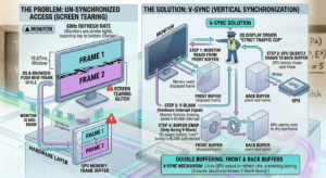 This image visualizes the intricate handshake between the browser, OS, and hardware that you specified. It is structured into two parallel columns: The Problem (Screen Tearing) on the left, and The Solution (V-Sync and Double Buffering) on the right.