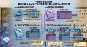 A complex technical infographic titled "THE PREREQUISITES: 4 ESSENTIAL DATA STRUCTURES FOR BANKER'S ALGORITHM" visualize four distinct components using a modern digital blueprint infographic style with glowing green, purple, and cyan data trails. Section A shows "AVAILABLE (The Vault)" as a green 1D Vector, visualising the currently free instances per resource type (RAM, DB, Printer). Section B, "MAX (The Credit Limit)," visualises a purple n x m Matrix (Processes vs Resources) as a maximum potential demand ledger. Section C, "ALLOCATION (The Current Loan)," visualises a cyan n x m Matrix as a current loans ledger. Section D, "NEED (The Remaining Requirement)," is the calculation center, visualizing the full matrix subtraction formula: NEED = MAX - ALLOCATION. The infographic highlights a solved example calculation for Process P1's Need for Resource B (5 - 2 = 3), positioned as the authoritative requirement for subsequent deadlock avoidance simulation.