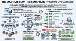 At a basic level, a Semaphore is a special integer variable managed by the OS. The key feature of a Semaphore is that operations performed on it are "Atomic" (they cannot be interrupted halfway through).