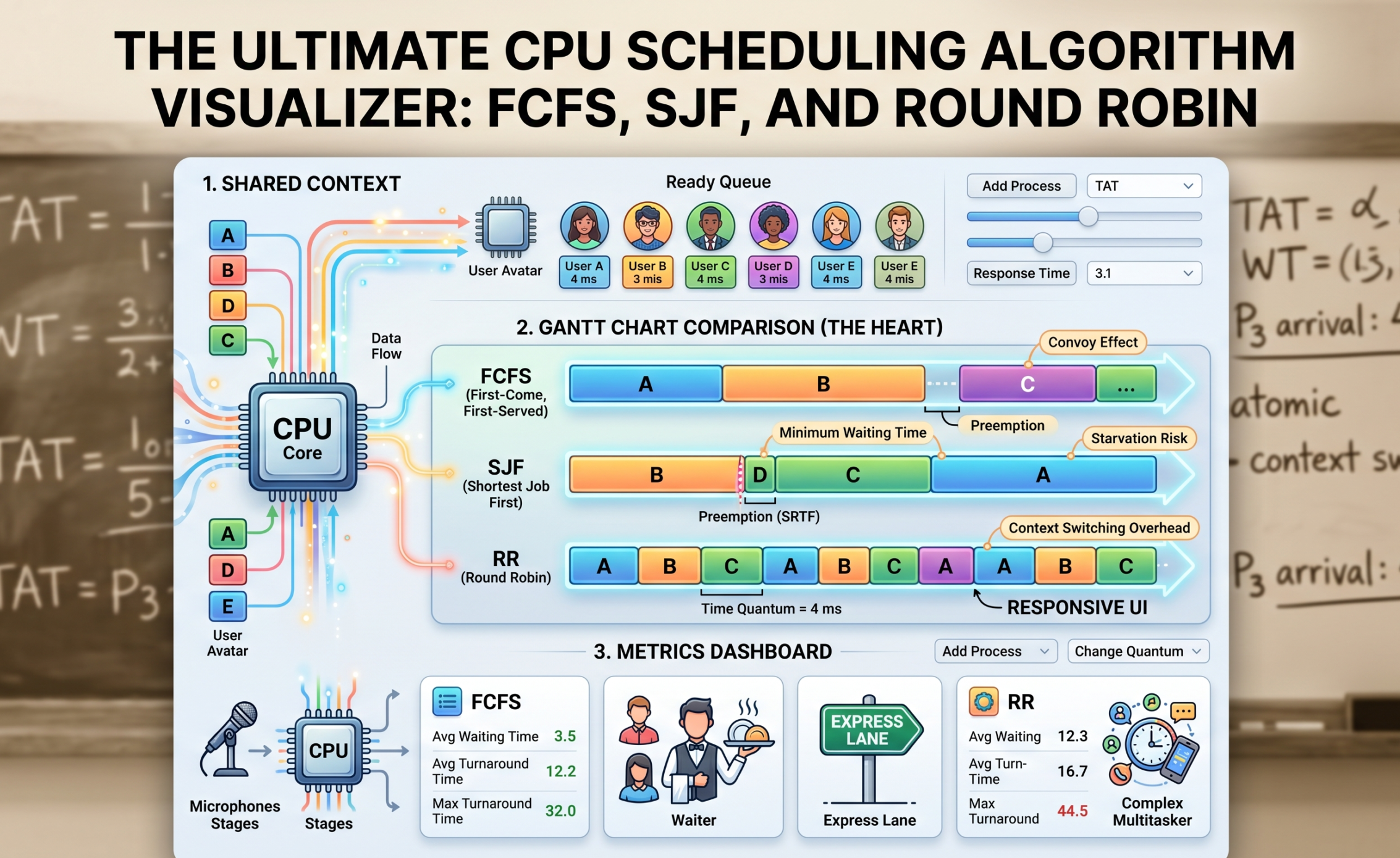 A high-definition technical infographic titled "The Ultimate CPU Scheduling Algorithm Visualizer." The background features a classroom chalkboard with handwritten OS formulas for Turnaround Time (TAT) and Waiting Time (WT). The foreground shows a modern UI dashboard with three sections: 1. A "Ready Queue" with user avatars and burst times. 2. A "Gantt Chart Comparison" showing FCFS with a "Convoy Effect" label, SJF labeled as the "Express Lane," and Round Robin labeled as "Responsive UI" with fragmented blocks. 3. A "Metrics Dashboard" comparing average waiting times and turnaround times. The design includes icons for a microphone, a waiter, and an express lane to represent common OS analogies.