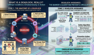 A technical infographic titled "What is a Deadlock, Really?" and "Deadlock Avoidance." The left side, "Zone 1: The Anatomy of a Deadlock," illustrates the four Coffman Conditions: Mutual Exclusion, Hold and Wait, No Preemption, and Circular Wait. It shows a closed red loop between processes P1 and P2 and resources R1 (Printer) and R2 (Database), resulting in a "Deadlock" state. The right side, "Zone 2: Deadlock Avoidance," shows the OS Kernel (The Cautious Banker) performing a "Safety Check Simulation." It outlines the Safety Algorithm's "What-If Scenario" and demonstrates the OS denying a risky request to maintain a "Safe Sequence" ($$), effectively preventing the Circular Wait from ever forming.