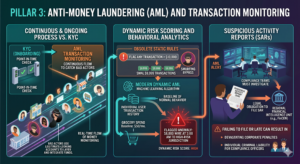 A technical infographic titled "Pillar 3: Anti-Money Laundering (AML) and Transaction Monitoring." It features three sections: a comparison between point-in-time KYC and continuous AML monitoring; a contrast between obsolete static rules and modern AI-driven dynamic risk scoring; and the lifecycle of a Suspicious Activity Report (SAR) including regulatory filing and penalties for failure.