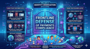 Infographic of Pillar 2 Identity Verification (KYC & KYB) showing a "Frontline Defense" gate. It details KYC steps like OCR document verification and biometric liveness detection, KYB steps for UBO identification, and a comparison of traditional process friction versus modern API speed.