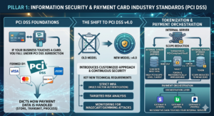 A comprehensive infographic titled "Pillar 1: Information Security & Payment Card Industry Standards (PCI DSS)." It is divided into three logical sections: PCI DSS Foundations (detailing card brand jurisdiction), The Shift to PCI DSS v4.0 (highlighting continuous security and MFA), and Tokenization & Payment Orchestration (explaining how independent vaults and orchestration layers reduce PCI scope to near zero).