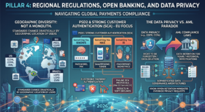 A detailed infographic for "Pillar 4: Regional Regulations, Open Banking, and Data Privacy." It features a global map showing varying regional regulations (GDPR, CCPA, PSD2), a breakdown of the three-factor Strong Customer Authentication (SCA) process (Knowledge, Possession, Inherence), and a visualization of the legal paradox between Data Privacy "Right to be Forgotten" and AML "Data Retention" mandates.