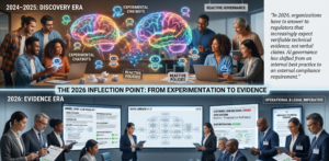 An infographic illustrating a shift from experimental AI use in 2024-2025 to evidenced AI governance by 2026. The top section, "2024-2025: DISCOVERY ERA" under "REACTIVE GOVERNANCE," shows diverse professionals experimenting with neural networks and chatbots. The bottom section, "2026: EVIDENCE ERA" under "OPERATIONAL & LEGAL IMPERATIVE," depicts a formal boardroom where business and regulatory professionals analyze structured documents like "MODEL CARD," "DATA LINEAGE," and "VERIFIABLE TECHNICAL EVIDENCE." A prominent quote in the sidebar states, "'In 2026, organizations have to answer to regulators that increasingly expect verifiable technical evidence, not verbal claims. AI governance has shifted from an internal best practice to an external compliance requirement.'" The central title is "THE 2026 INFLECTION POINT: FROM EXPERIMENTATION TO EVIDENCE."