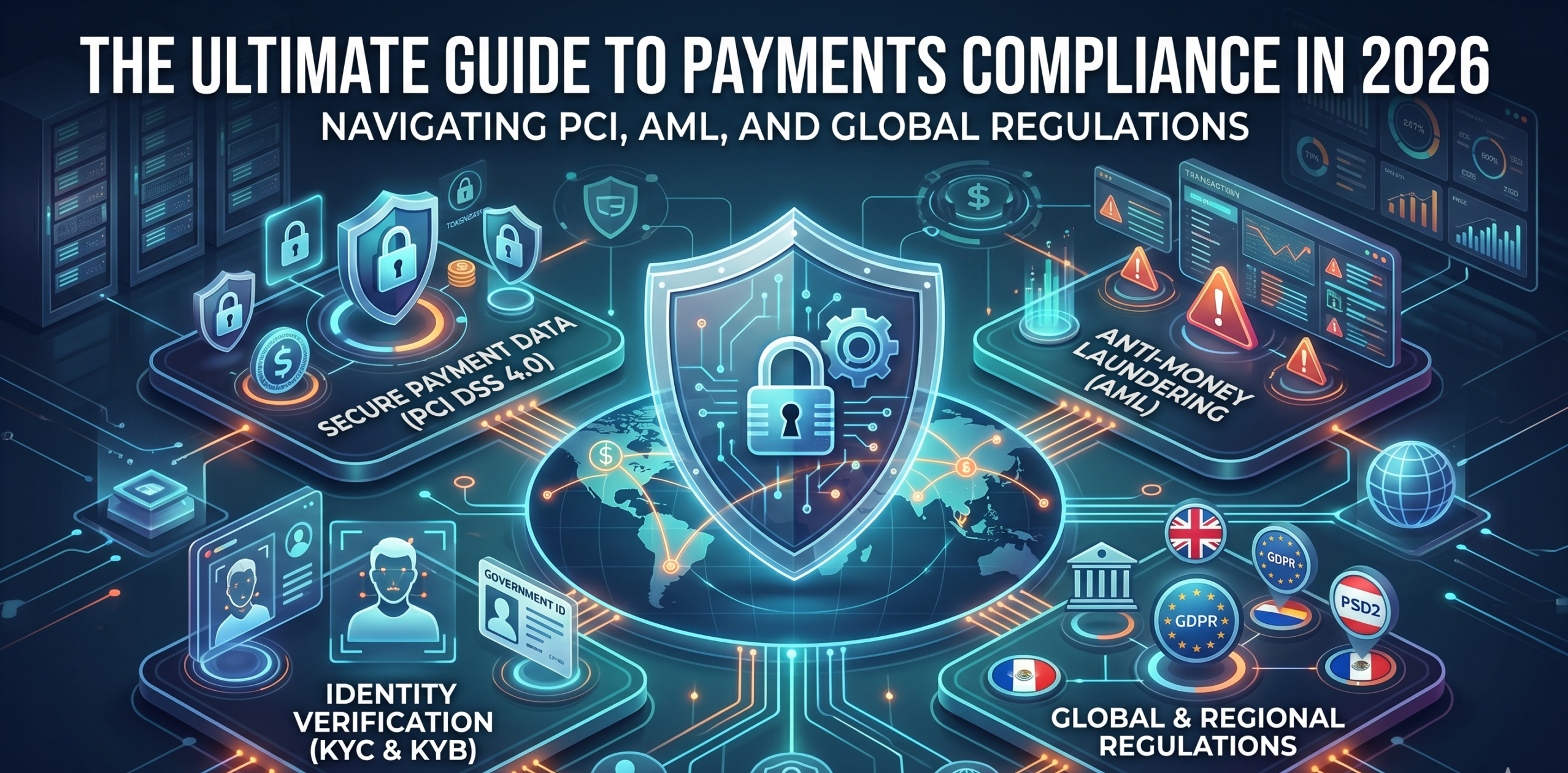 A comprehensive futuristic infographic titled "THE ULTIMATE GUIDE TO PAYMENTS COMPLIANCE IN 2026." A large central locked shield on a world map connects to four specialized pillars: Secure Payment Data (PCI DSS 4.0), Identity Verification (KYC & KYB), Anti-Money Laundering (AML), and Global & Regional Regulations. Each pillar details specific requirements like tokenization, facial biometrics, fraud detection dashboards, and regional laws like PSD2 and CCPA.