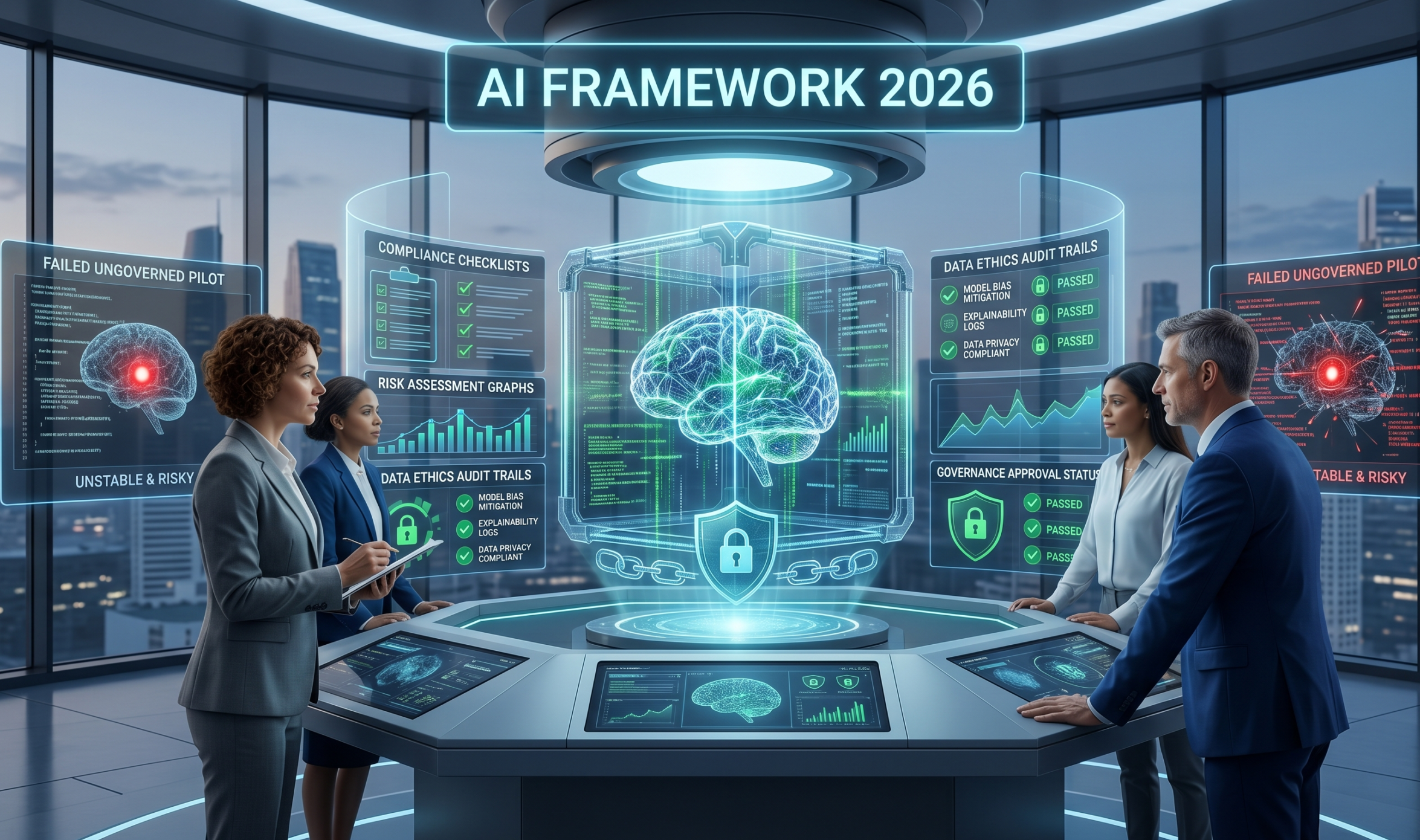 A high-tech futuristic boardroom where a professional team analyzes a glowing holographic brain labeled "AI FRAMEWORK 2026" protected by a digital shield. Side holographic screens contrast "FAILED UNGOVERNED PILOT" warnings in red against green "DATA ETHICS AUDIT TRAILS" and "COMPLIANCE CHECKLISTS" with passed status.